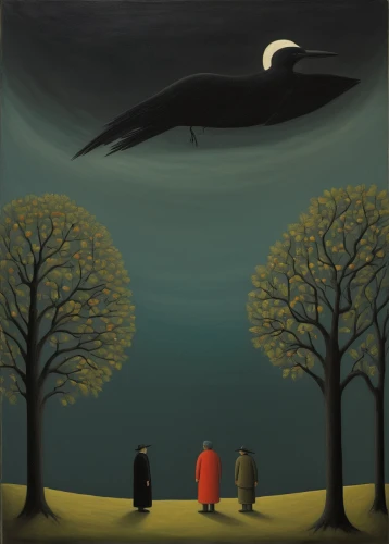surrealism,night scene,monks,ufos,murder of crows,black landscape,contemporary witnesses,migration,crows,travelers,han thom,ufo,hanging moon,andreas cross,vipassana,blackbirds,surrealistic,olle gill,carol colman,three wise men,Art,Artistic Painting,Artistic Painting 02