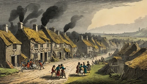 the production of the beer,waterloo,the conflagration,burning of waste,dover,burned land,destroyed houses,shaftesbury,lithograph,tongeren,village scene,cottages,caravanning,sussex,smouldering torches,the pollution,greenhouse gas emissions,underground cables,dutch landscape,flemish,Art,Classical Oil Painting,Classical Oil Painting 39