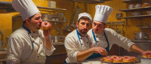 zeppole,sufganiyah,chefs,cooking book cover,chef's uniform,pastry chef,chefs kitchen,pastry shop,marzipan figures,cuisine of madrid,donut illustration,chef,pâtisserie,chocolatier,pastries,bakery,bombolone,apple fritters,culinary art,canapes,Illustration,Realistic Fantasy,Realistic Fantasy 03