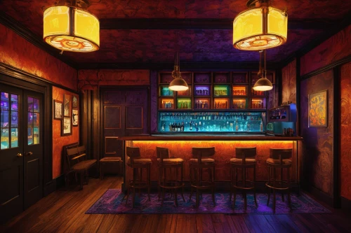 liquor bar,piano bar,unique bar,bar counter,wine bar,bar,nightclub,drinking establishment,apothecary,bar billiards,soda shop,bartender,soda fountain,watercolor tea shop,tavern,izakaya,pub,neon light drinks,game room,billiard room,Illustration,Retro,Retro 07