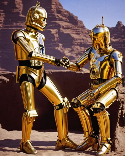 c-3po,droids,robot combat,starwars,star wars,yellow-gold,metal toys,sword fighting,golden ritriver and vorderman dark,duel,droid,gold paint stroke,gold lacquer,foil and gold,voyager golden record,digital compositing,rots,force,yellow,forbidden love,Illustration,Retro,Retro 04