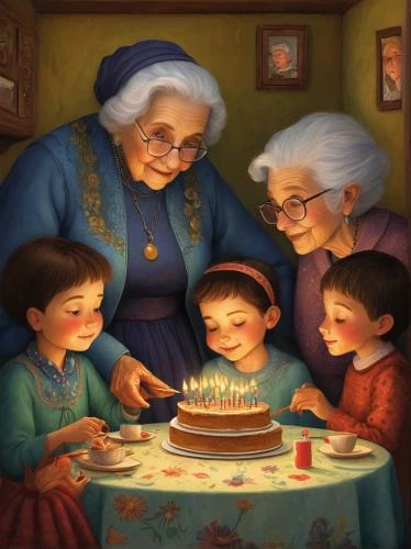 grandchildren,children's birthday,grandmother,birthday party,grama,nanny,grandma,old age,kids illustration,birthdays,70 years,grandparent,granny,díszgalagonya,family care,grandparents,game illustration,birthday card,born in 1934,birthday greeting,Illustration,Abstract Fantasy,Abstract Fantasy 09