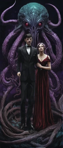 kraken,man and wife,the people in the sea,sea monsters,man and woman,calamari,cd cover,deep sea,zodiac,ophiuchus,symbiotic,sci fiction illustration,ringed-worm,album cover,dancing couple,two people,medusa gorgon,tentacles,iridigorgia,molluscum,Illustration,Realistic Fantasy,Realistic Fantasy 47