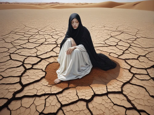 desertification,the dry season,arid land,arid,desolation,depressed woman,dried up,capture desert,conceptual photography,woman thinking,girl on the dune,sand timer,dryness,bedouin,photo manipulation,desert rose,dry lake,arid landscape,praying woman,desert background,Conceptual Art,Daily,Daily 14