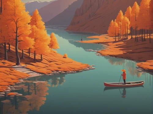 fall landscape,canoeing,autumn landscape,mountainlake,boat landscape,autumn mountains,autumn theme,autumn camper,autumn idyll,river landscape,warm colors,autumn background,autumn scenery,evening lake,calm water,mountain lake,beautiful lake,canoe,travel poster,world digital painting,Illustration,Vector,Vector 05