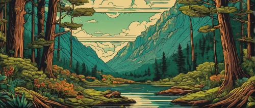 cartoon forest,the forests,forests,spruce forest,the forest,travel poster,coniferous forest,forest,zion,forest landscape,the trees,trees,northwest forest,forest of dreams,mountains,tapestry,wilderness,nationalpark,forest background,mountain scene,Illustration,American Style,American Style 10