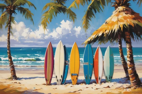 surfboards,surfing equipment,surfboard,beach landscape,summer beach umbrellas,waikiki beach,surfers,surfboard shaper,coconut trees,sailboats,surfboat,boats and boating--equipment and supplies,caribbean beach,dream beach,travel poster,beach scenery,sailing boats,coconut palms,stand up paddle surfing,hawaii,Conceptual Art,Oil color,Oil Color 09