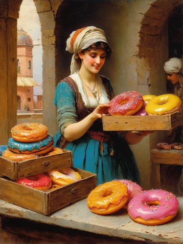 girl with bread-and-butter,woman holding pie,doughnuts,donut illustration,donuts,bakery,pâtisserie,kolach,pastries,doughnut,girl picking apples,donut,girl in the kitchen,artisan,bagels,woman with ice-cream,sufganiyah,sweet pastries,confectioner,italian painter,Art,Classical Oil Painting,Classical Oil Painting 42