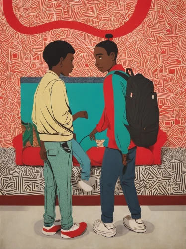 oddcouple,mural,airbnb icon,popular art,harlem,gazelles,book cover,teens,on a red background,travelers,cover,young couple,baggage,oil on canvas,community connection,conversation,suitcase,men sitting,kids illustration,album cover,Illustration,Vector,Vector 20