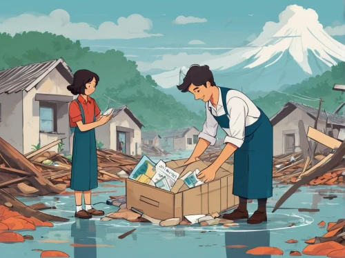 paper boat,environmental disaster,environmental destruction,fukushima,japan,teaching children to recycle,water pollution,cool woodblock images,recycling world,environmental pollution,destroyed houses,earthquake,sakana,mail flood,japanese background,japanese culture,scrap collector,home destruction,shirakami-sanchi,kids illustration,Illustration,Japanese style,Japanese Style 06