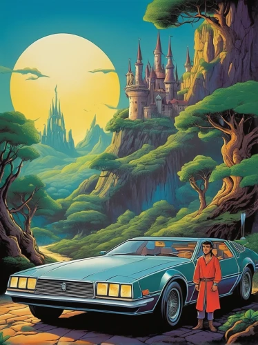 moon car,testarossa,station wagon-station wagon,buick lesabre,ferrari testarossa,bobby-car,walt disney world,ford thunderbird,muscle car cartoon,cadillac de ville series,chrysler concorde,tenth generation ford thunderbird,fantasy world,buick electra,cadillac eldorado,monkey island,mercury grand marquis,lupin,magical adventure,delorean dmc-12,Art,Artistic Painting,Artistic Painting 33