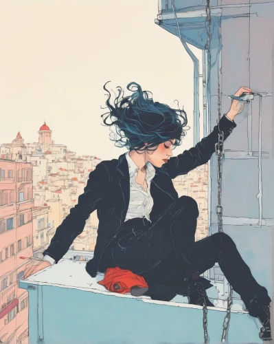 watercolor paris balcony,on the roof,rooftops,rooftop,paris balcony,falling,the girl at the station,vertigo,woman sitting,flamenco,window sill,woman playing,windowsill,roof top,woman hanging clothes,robert harbeck,study,woman thinking,girl studying,2d,Illustration,Paper based,Paper Based 19