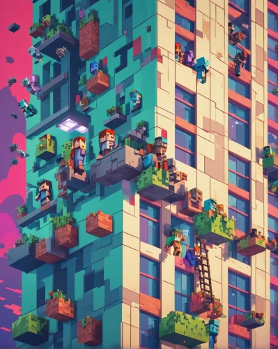 colorful city,chasm,tower fall,isometric,hanging houses,highrise,ravine,skyscraper town,apartment block,city blocks,animal tower,bird tower,cubes,high rises,high rise,blocks,bird kingdom,tropical bird climber,game art,pixel cube,Unique,Pixel,Pixel 03