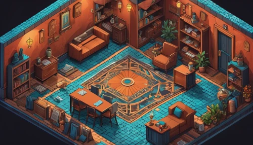 isometric,an apartment,apartment,small house,apartment house,tavern,shared apartment,ornate room,ancient house,terracotta tiles,treasure house,basement,dungeon,witch's house,rooms,small cabin,cellar,apothecary,cabin,tenement,Unique,3D,Isometric