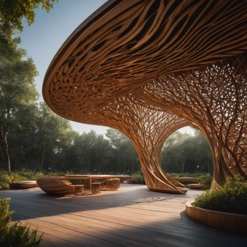 soumaya museum,honeycomb structure,wood structure,corten steel,wooden construction,futuristic architecture,garden design sydney,outdoor structure,archidaily,futuristic art museum,building honeycomb,3d rendering,wooden bench,flourishing tree,ornamental wood,mushroom landscape,wave wood,outdoor bench,eco-construction,wood fence,Photography,General,Fantasy