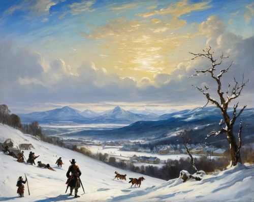 winter landscape,snow landscape,snow scene,mountain scene,snowy landscape,christmas landscape,carpathians,mushing,skijoring,salt meadow landscape,mountain landscape,rural landscape,hunting scene,dog sled,snow fields,andreas achenbach,frederic church,sleigh ride,winter morning,mountainous landscape,Art,Classical Oil Painting,Classical Oil Painting 08
