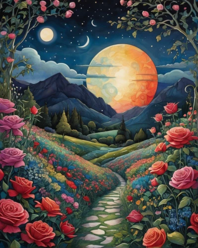 way of the roses,landscape rose,free land-rose,valley of the moon,pachamama,the mystical path,blooming field,flower painting,oil painting on canvas,landscape background,blue moon rose,herfstanemoon,pathway,tapestry,fantasy picture,flower field,meadow landscape,hanging moon,moonlit night,nature landscape,Photography,General,Realistic