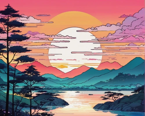 japan landscape,japan,mountain sunrise,kyoto,would a background,芦ﾉ湖,coast sunset,landscape background,jeju,sunset,retro background,tropics,dusk background,art background,aesthetic,hokkaido,acid lake,south korea,background screen,colorful background,Illustration,Japanese style,Japanese Style 04