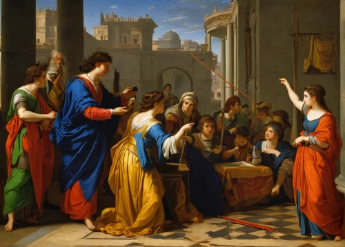 school of athens,apollo and the muses,pentecost,the annunciation,candlemas,the death of socrates,louvre,contemporary witnesses,bougereau,apollo hylates,the prophet mary,orange robes,meticulous painting,bellini,louvre museum,classical antiquity,pilate,biblical narrative characters,church painting,cepora judith,Art,Classical Oil Painting,Classical Oil Painting 33