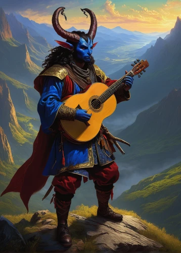 art bard,bard,thundercat,music fantasy,itinerant musician,cavaquinho,guitar player,musician,serenade,buskin,dane axe,guitar,heroic fantasy,guitar solo,guitor,luthier,fantasy art,concert guitar,painted guitar,guitarist,Art,Classical Oil Painting,Classical Oil Painting 16