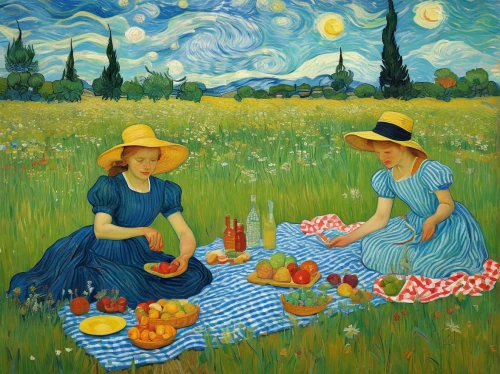 vincent van gough,picnic,post impressionism,picnic basket,woman with ice-cream,vincent van gogh,post impressionist,garden party,fruit fields,parasols,mirabelles,girl with bread-and-butter,alfresco,girl in the garden,summer day,girl picking apples,idyll,aperitif,sun hats,summer evening,Art,Artistic Painting,Artistic Painting 03