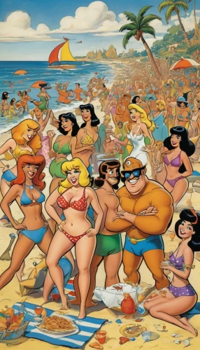 beach goers,people on beach,copacabana,beach bar,waikiki beach,christmas on beach,retro cartoon people,luau,love island,santa claus at beach,straw hats,most beach,cuba beach,paradise beach,beach background,mai tai,pin-up girls,background image,cartoon people,sea beach-marigold,Illustration,Retro,Retro 06