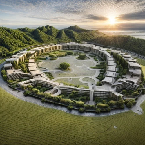 feng shui golf course,jeju,solar cell base,korea,futuristic architecture,chinese architecture,buzludzha,danyang eight scenic,futuristic landscape,sejong-ro,eco hotel,helix,pyongyang,gyeonggi do,jeju island,north korea,south korea,mother earth statue,feng-shui-golf,utopian,Architecture,Urban Planning,Aerial View,Urban Design