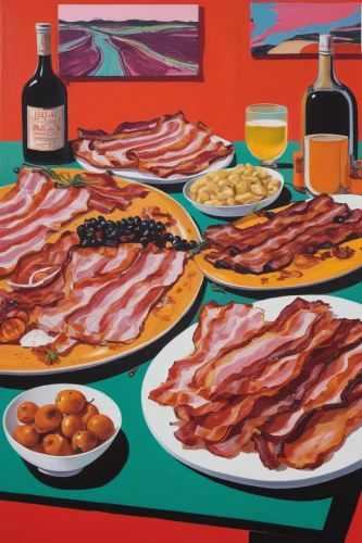 bacon,modern pop art,bacon tree,breakfast table,breakfast plate,jamón,back bacon,breakfast buffet,american breakfast,danish breakfast plate,cool pop art,oil on canvas,bacon rolls,breakfast on board of the iron,jamón serrano,bacon sandwich,oil painting on canvas,lardon,food icons,cuisine of madrid,Art,Artistic Painting,Artistic Painting 23