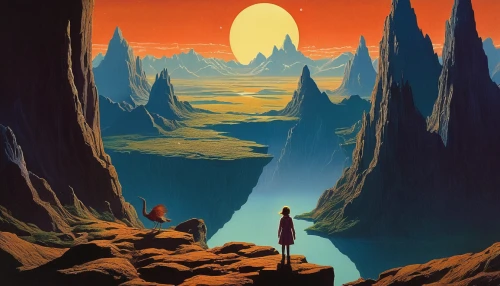 guards of the canyon,canyon,futuristic landscape,travel poster,barren,chasm,fantasy landscape,karst landscape,mountain sunrise,earth rise,red cliff,mountain world,desert landscape,fallen giants valley,old earth,valley of the moon,vast,desert planet,backgrounds,desert,Conceptual Art,Sci-Fi,Sci-Fi 16