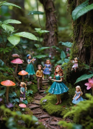 fairy forest,fairy village,vintage fairies,fairy world,happy children playing in the forest,fairy house,fairies,fairies aloft,fairytale forest,enchanted forest,ballerina in the woods,forest floor,miniature figures,faery,little girl fairy,faerie,forest of dreams,alice in wonderland,children's fairy tale,fairytale characters,Illustration,Paper based,Paper Based 09