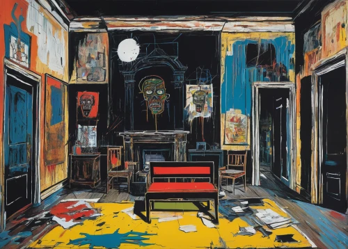 vincent van gough,paintings,abandoned room,art dealer,vincent van gogh,blue room,empty interior,tenement,house painting,an apartment,interiors,a dark room,david bates,dark cabinetry,apartment,dark cabinets,picasso,art gallery,sitting room,one room,Art,Artistic Painting,Artistic Painting 51