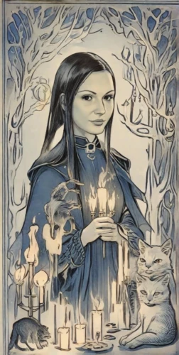 candlemaker,glass painting,the snow queen,the witch,the prophet mary,woodcut,gothic portrait,cd cover,winterblueher,blue enchantress,woman at the well,joan of arc,the enchantress,pregnant woman icon,portrait of christi,mystical portrait of a girl,celebration of witches,saint therese of lisieux,mona lisa,swath