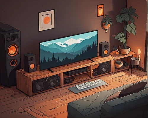 livingroom,living room,modern room,playing room,music workstation,tv set,workspace,wooden mockup,cabin,setup,mountain station,entertainment center,apartment lounge,working space,great room,listening to music,home cinema,game room,home theater system,musical background,Illustration,Vector,Vector 06