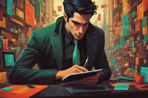 sci fiction illustration,world digital painting,man with a computer,businessman,game illustration,digital painting,author,cyberpunk,illustrator,blur office background,book illustration,digital illustration,book store,writing-book,watchmaker,computer addiction,bookstore,cg artwork,bookkeeper,transistor checking,Art,Artistic Painting,Artistic Painting 29