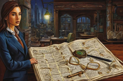 librarian,watchmaker,investigator,sci fiction illustration,clockmaker,scholar,reading magnifying glass,girl studying,hogwarts,bookworm,magic book,apothecary,meticulous painting,theoretician physician,female doctor,game illustration,bookkeeper,magic grimoire,divination,treasure hunt,Illustration,Realistic Fantasy,Realistic Fantasy 41