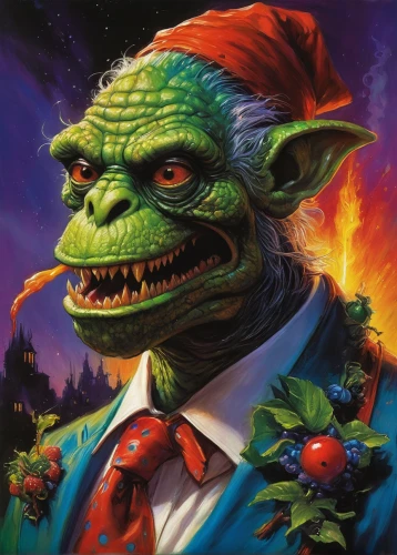 grinch,goblin,greed,fgoblin,ork,green goblin,twitch icon,rotglühender poker,yule,scandia gnomes,scandia gnome,the ugly swamp,christmas messenger,orc,collectible card game,scandivian christmas,i bring you great tidings of joy,helloween,donald trump,scared santa claus,Illustration,Realistic Fantasy,Realistic Fantasy 32