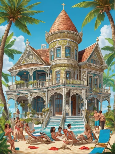 seaside resort,beach house,tropical house,holiday villa,house of the sea,beach resort,beachhouse,delight island,cabana,florida home,summer cottage,mansion,house painting,house pineapple,beach hut,villa,treasure house,bungalow,hacienda,house by the water,Illustration,Black and White,Black and White 03