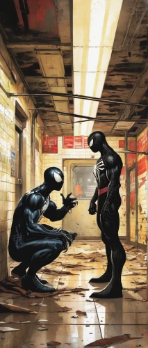 venom,sci fiction illustration,game illustration,confrontation,duel,battōjutsu,ninjas,fist bump,shaking hands,stage combat,marvel comics,fighting poses,arm wrestling,interrogation,grappling,sparring,venomous,cobra,cartoon ninja,robot combat,Illustration,Paper based,Paper Based 07