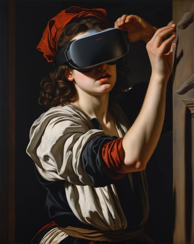 virtual reality,oculus,vr headset,vr,virtual reality headset,woman holding a smartphone,blindfold,woman playing,virtual landscape,virtual identity,woman holding pie,virtual world,woman eating apple,women in technology,virtual,blindfolded,girl at the computer,augmented reality,winemaker,open-face watch,Art,Classical Oil Painting,Classical Oil Painting 05