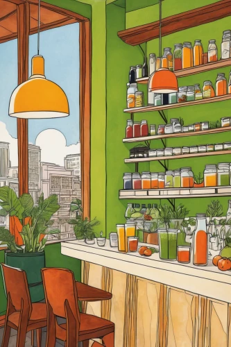 watercolor tea shop,apothecary,watercolor cafe,greengrocer,grocer,wheatgrass,flower shop,grocery,greenhouse,culinary herbs,juice plant,kitchen shop,the coffee shop,grocery store,coffee shop,spice rack,watercolor shops,house plants,convenience store,herbaceous,Illustration,American Style,American Style 09