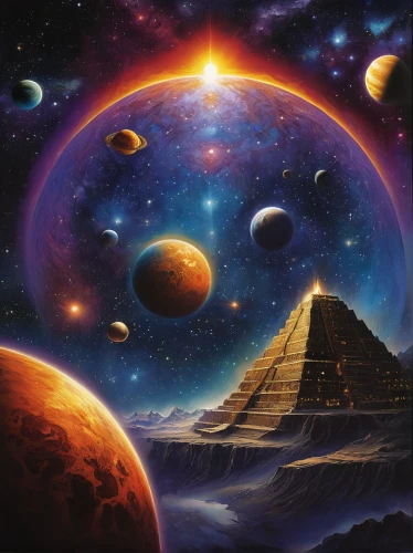 planetary system,astronomy,pyramids,copernican world system,planetarium,scene cosmic,the great pyramid of giza,binary system,ancient civilization,planets,exoplanet,astronomical,space art,the solar system,phase of the moon,celestial bodies,universe,the universe,firmament,the ancient world,Illustration,Realistic Fantasy,Realistic Fantasy 32