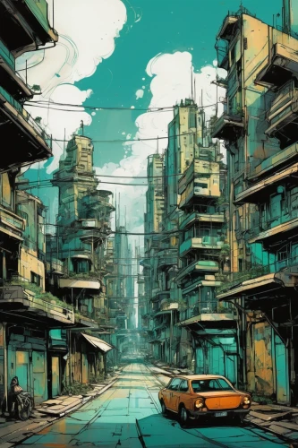 hanoi,kowloon city,kowloon,havana,cyberpunk,honolulu,post-apocalyptic landscape,tokyo city,shanghai,hong kong,suburb,post apocalyptic,cityscape,dystopian,slum,bangkok,tokyo,urban,dystopia,metropolis,Illustration,Realistic Fantasy,Realistic Fantasy 23