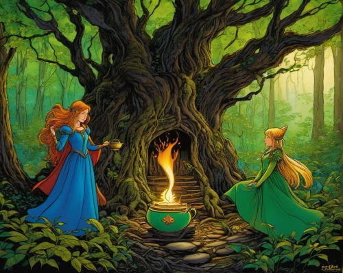 children's fairy tale,a fairy tale,fairy tale,fairy tales,fairytales,fairy forest,campfire,cauldron,enchanted forest,fairytale characters,fairy tale character,fairytale,fireside,fairy chimney,fire bowl,tree torch,fairy house,cinderella,fairy world,elven forest,Illustration,American Style,American Style 01