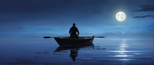 adrift,fishing float,the night of kupala,the man in the water,man at the sea,god of the sea,el mar,blue moon,gondola,pilgrim,moonlight,fantasy picture,rowboat,the vessel,version john the fisherman,the people in the sea,searchlamp,the man floating around,hanging moon,ilightmarine,Conceptual Art,Sci-Fi,Sci-Fi 25