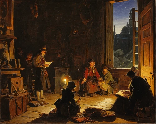 children studying,night scene,girl studying,pilgrims,hunting scene,evening atmosphere,romantic scene,musicians,andreas achenbach,christmas scene,child with a book,scholar,tutor,in the evening,sebastian pether,candlemas,partiture,the pied piper of hamelin,asher durand,the evening light,Art,Classical Oil Painting,Classical Oil Painting 09