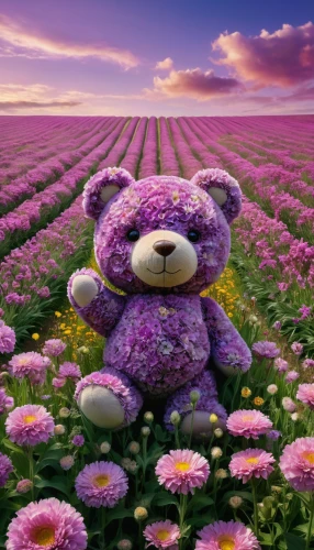 teddy bear waiting,flower background,3d teddy,blanket of flowers,teddy-bear,field of flowers,flower animal,flower field,teddy,teddy bear,the lavender flower,purple flowers,sea of flowers,flowers field,purple flower,purple landscape,flower meadow,lavender field,purple daisy,lavender flower,Photography,General,Natural