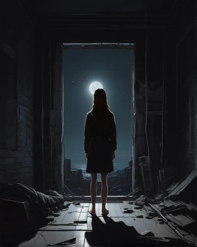 penumbra,the little girl,girl walking away,sci fiction illustration,abduction,a dark room,live escape game,eleven,play escape game live and win,the girl in nightie,the little girl's room,ghost girl,digital painting,world digital painting,in the dark,the door,dark art,lonely child,girl in a long,game illustration,Conceptual Art,Sci-Fi,Sci-Fi 07
