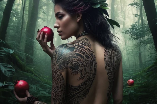woman eating apple,faery,wild apple,the enchantress,faerie,tattoo girl,garden of eden,dryad,red apples,red apple,polynesian girl,photo manipulation,maori,adam and eve,pomegranate,fae,fantasy art,sacred fig,bodypainting,with tattoo,Conceptual Art,Fantasy,Fantasy 11