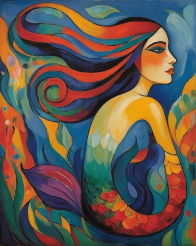 boho art,siren,woman thinking,mother earth,oil painting on canvas,young woman,the zodiac sign pisces,woman playing,girl in a wreath,flora,mermaid,khokhloma painting,indigenous painting,psychedelic art,praying woman,girl in a long,mermaid background,girl in the garden,pachamama,art painting,Art,Artistic Painting,Artistic Painting 36