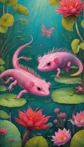 axolotl,spring salamander,forest fish,koi pond,pink water lilies,aquarium inhabitants,khokhloma painting,alligators,young alligators,salamander,amphibians,flamingos,dragon boat,whimsical animals,pink flamingos,woodland salamander,south american alligators,water lotus,american alligators,fishes,Art,Artistic Painting,Artistic Painting 31